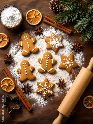 Christmas Baking Scene With Gingerbread Cookies and Festive Ingredients