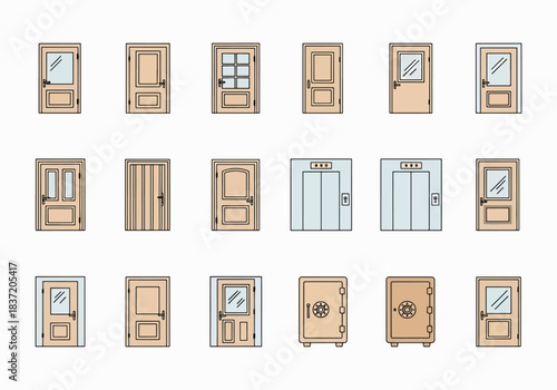 Collection of Various Doors Elevator Doors and Safes Vector Icons and Illustrations Set Isolated on White Background