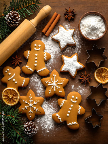 Christmas Baking Scene With Gingerbread Cookies and Festive Ingredients
