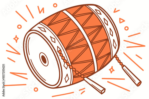 Traditional Korean drum illustration with geometric patterns, vibrant orange tones, and dynamic sound symbols.