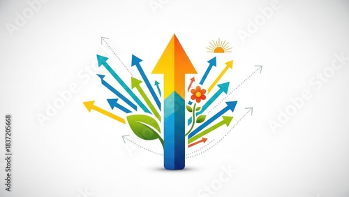 A colorful arrow with a sun and a flower on a white background.