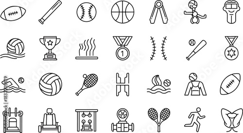 Collection of Sports Icons Featuring Balls, Trophies, Medals, and Athletic Equipment on a White Background