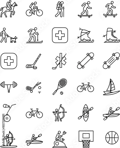 Collection of Sport and Outdoor Activity Icons Featuring People Engaged in Various Recreational Pursuits