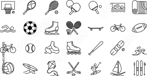 Collection of sports equipment and activities icons in a clean outline style, representing diverse athletic pursuits and games.