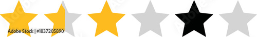 Collection of six rating stars, three filled in gold, one half filled, and two empty light gray and black symbols