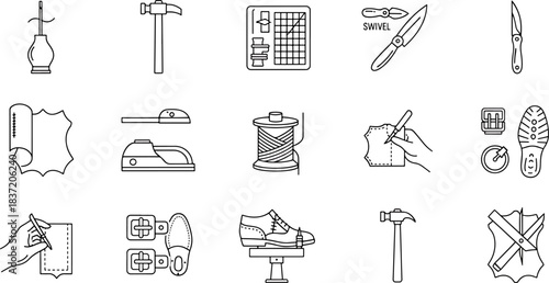 Collection of Shoemaking Tools and Materials Represented as Clean Line Art Icons on White Background