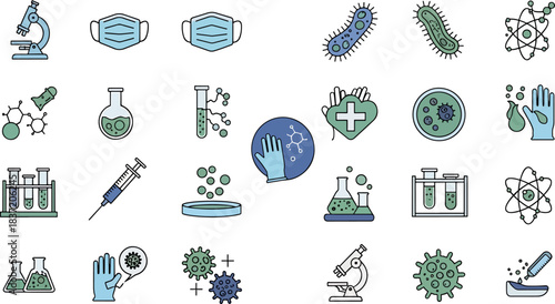 Collection of Science and Medical Icons Including Microscopes, Viruses, Masks, Syringes, and Laboratory Equipment
