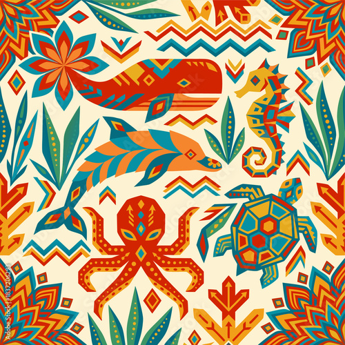 Hand-Drawn Geometric Mexican Folk Art Sea Animals Pattern