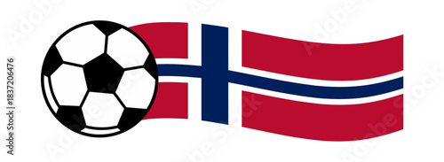 Waving Norway flag with bold Nordic cross paired with classic black-and-white soccer ball symbolizing national football pride, Scandinavian sports spirit, and international competition