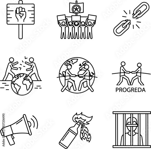Collection of protest icons showing activism, revolution, social justice, and human rights symbols for demonstration graphics