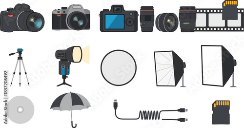 Collection of Professional Photography Equipment and Accessories Isolated on White Background, Digital Art Illustration