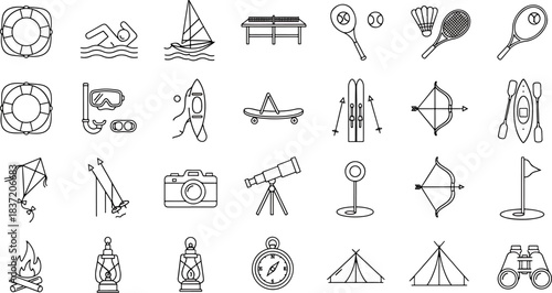 Collection of Outdoor Recreation and Sports Activity Icons Featuring Camping Gear, Water Sports, and Athletic Equipment