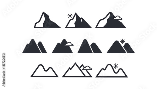 Set of Black Silhouette and Outline Icons Illustrating Various Mountain Peaks, Hills, and Landscape Symbols, Including Weather Elements Like Sun and Clouds, for Travel and Nature Concepts.