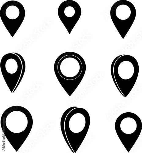 Collection of Nine Black Location Pin Icons Set Featuring Different Styles and Perspectives on a White Background