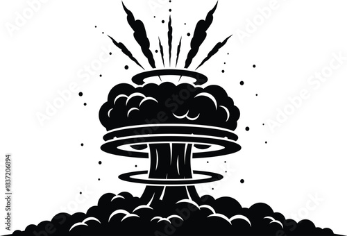 Powerful explosion mushroom cloud black and white vector illustration symbolizing destruction, energy burst, nuclear blast, war danger concept art