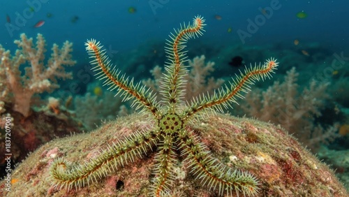 Fototapeta Naklejka Na Ścianę i Meble -  A starfish with a green and orange coloration, sitting on a coral reef with a background of blue water and green coral.