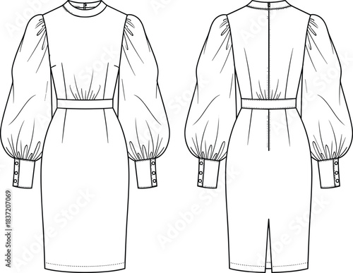 elegant knee-length pencil dress with mock neck, dramatic balloon sleeves, and cuff detail CAD vector illustration.