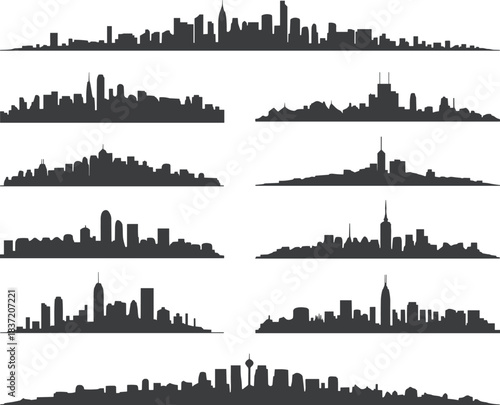 Set of black city skyline silhouette icons showcasing global architecture, famous buildings, and urban landscapes for vector design and illustration use.