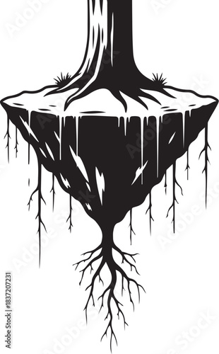 Upside Down Tree with Roots Floating on White Background