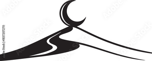 Winding Road Leading to a Crescent Moon Keywords: road, path, journey, crescent moon, mountain