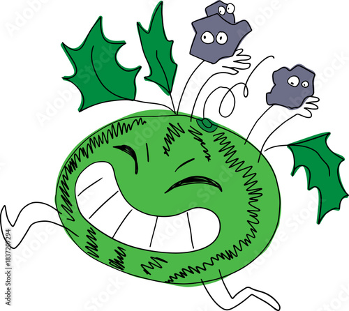 A funny round green watermelon smiles a wide smile and carries stones in its hands.