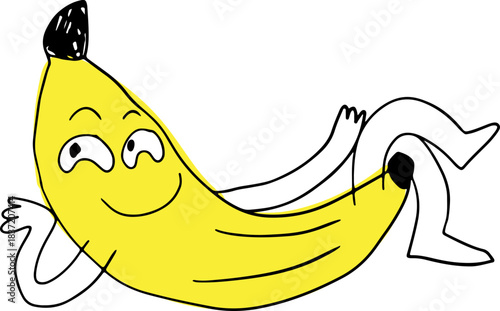 A contented yellow banana with a face lies down and looks at the camera, drawn with crooked grunge lines