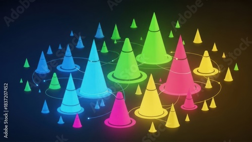 A vibrant, colorful, abstract digital art piece featuring a network of interconnected cones in various neon colors on a dark background.
