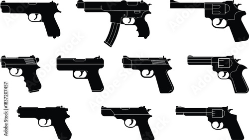 Set of black handgun silhouette icons showing various pistol styles, firearm shapes, and weapon designs for security and military themes.