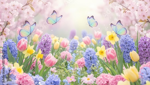 Dreamy Spring Garden with Colorful Flowers and Butterflies