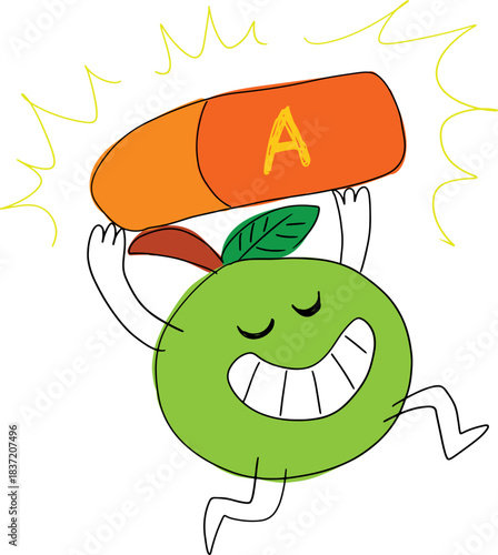 A happy green smiling apple holds a vitamin A pill above itself, drawn with crooked grunge lines