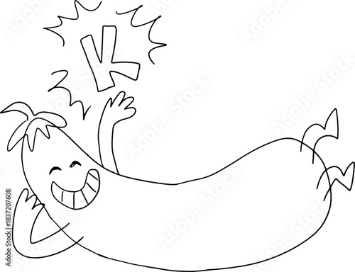 A funny, cheerful, long eggplant with a face lies smiling and holds vitamin K potassium in its hand, drawn with crooked grunge lines