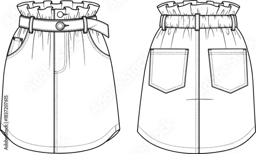 stylish paperbag waist mini skirt with belted detail, front pockets, and rounded hem CAD vector illustration.