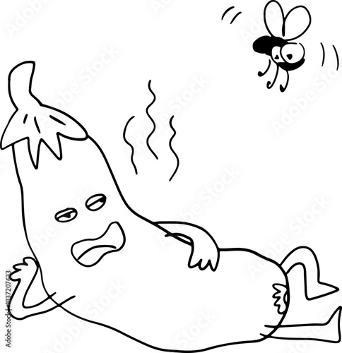 A funny spoiled eggplant with a dissatisfied face lies stinking and looks at a flying fly, drawn with crooked grunge lines