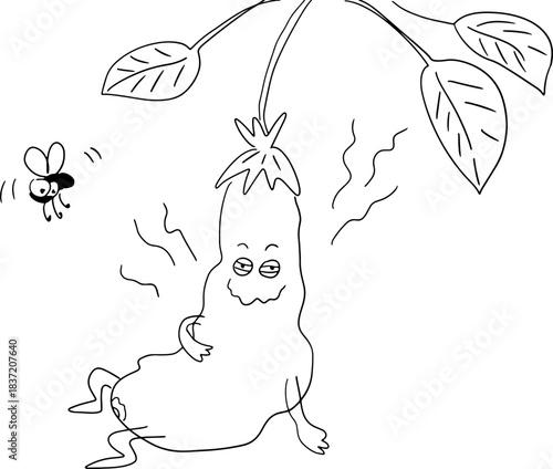 A funny spoiled eggplant with a face sits stinking and looks at the camera, drawn with crooked grunge lines
