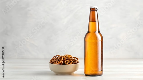 Amber Beer Bottle with Water Droplets Beside Bowl of Pretzels on White Table