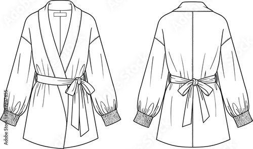 stylish kimono style blouse with deep V-neckline, voluminous sleeves, and wide tie belt CAD vector illustration.