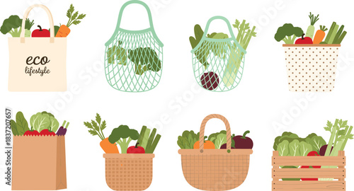 Eco Lifestyle Collection of Reusable Grocery Bags, Mesh String Totes, Wicker Baskets, and Crates Filled with Fresh Vegetables, Promoting Zero Waste and Sustainable Shopping.