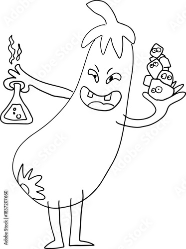 A funny eggplant with a sly face stands with its mouth open and holds acid in a bottle and stones, drawn with crooked grunge lines