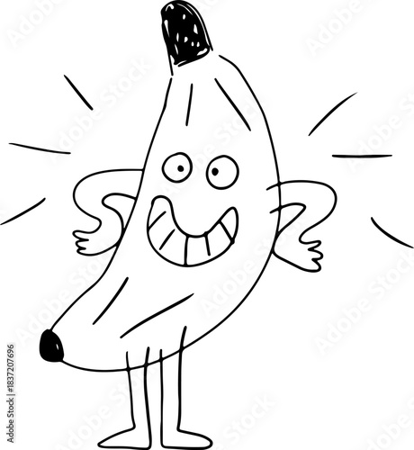 A funny smiling banana with a face stands and looks at the camera, drawn with crooked grunge lines
