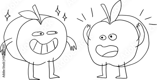 Two funny apples cut in half with a face stand and look at each other, drawn with crooked grunge lines