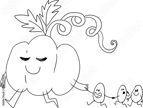 A funny big pumpkin walks smiling and holds his seeds by the hand, drawn with crooked grunge lines