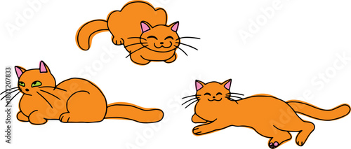 A set of cute red cats lying in different poses, sits like a loaf, drawn with crooked grunge lines