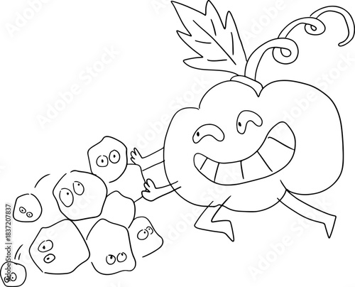 A funny smiling pumpkin with a wide smile is pushing a lot of rocks with eyes, drawn with crooked grunge lines