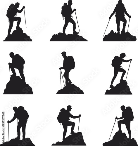 Set of black hiking silhouette icons showing backpacked trekkers in various poses, climbing and exploring outdoor terrain for vector illustration use.