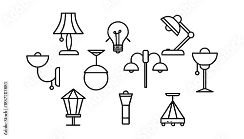 Set of Black Outline Icons Illustrating Various Interior and Exterior Lighting Fixtures, Including Table Lamps, Desk Lamps, Street Lights, Chandeliers, and Wall Sconces, Isolated Vector Illustration.