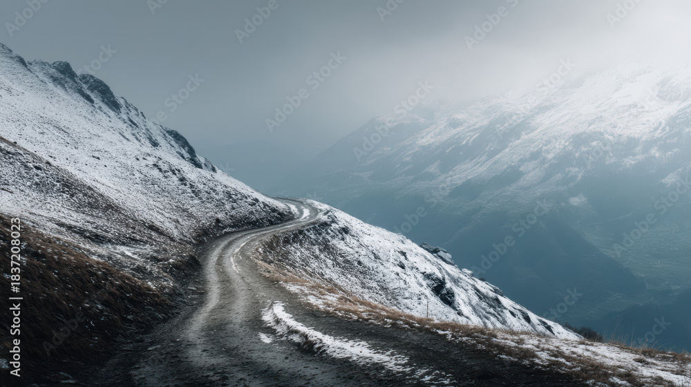 Naklejka premium A winding mountain road covered in a dusting of fresh snow leads into a hazy distance with snow-capped peaks on a cloudy winter day in the mountains landscape.