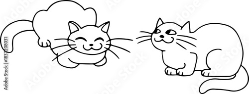 Two cute funny cats are sitting like a loaf and smiling, drawn with crooked grunge lines