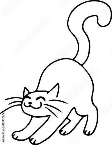 A cute funny cat stretches and smiles with its tail outstretched, drawn with crooked grunge lines