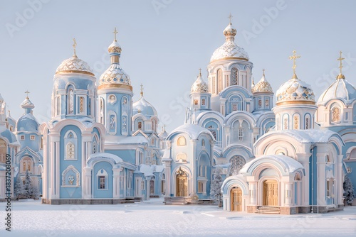 Wallpaper Mural orthodox christmas winter village soft snow calm holy tone blue gold palette Torontodigital.ca