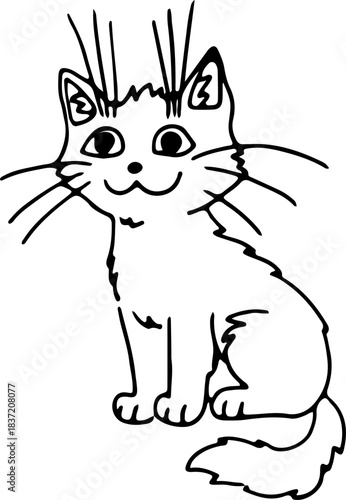 A cute funny shaggy mustachioed cat sits and looks at the camera, drawn with crooked grunge lines